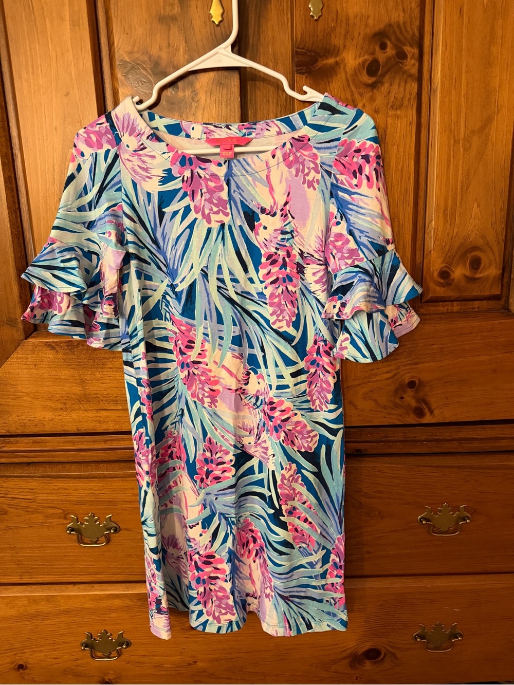 Lilly Pulitzer Blue and Pink Tropical Ruffle Sleeve Midi Dress